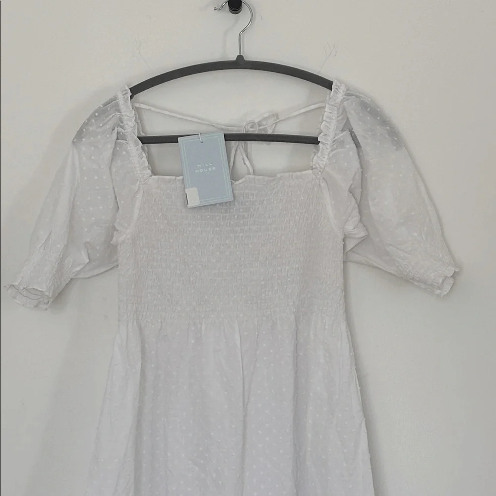 NWT Hill House Athena Nap Dress White Babydoll Swiss Dot XS Semi Sheer Smocked
